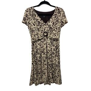 Perceptions Abstract Short Cap Sleeve Midi A-Line Dress Beige Women's Size 12‎